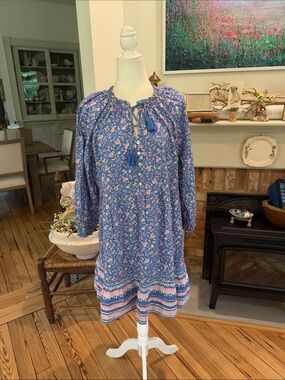 Wonderly Blue Floral Peasant Dress with Pink Accent